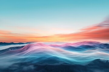 Obraz premium Surreal landscape of rolling hills in pink and blue hues at sunset with misty valleys