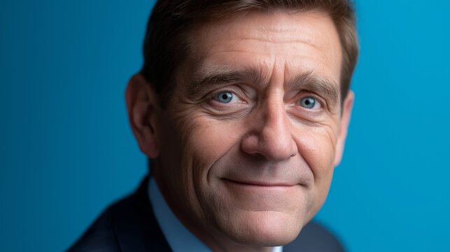Freundlicher &auml;lterer Gesch&auml;ftsmann mit L&auml;cheln vor blauem Hintergrund im Business-Portr&auml;t