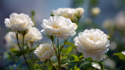 Obraz premium Beautiful white roses blooming in a bright and vibrant garden setting