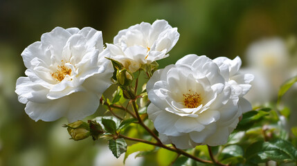 Fototapeta premium Beautiful white roses blooming on a lush green bush