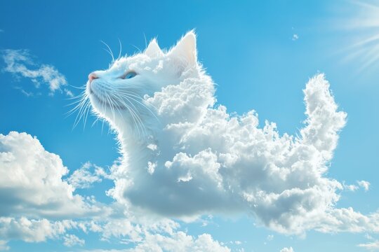 Whimsical white cat made of clouds floating in a bright blue sky