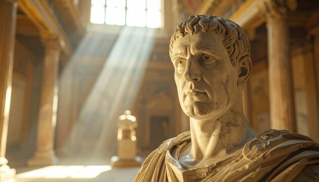 Carved marble bust of a Roman emperor with stern expression bathed in natural light