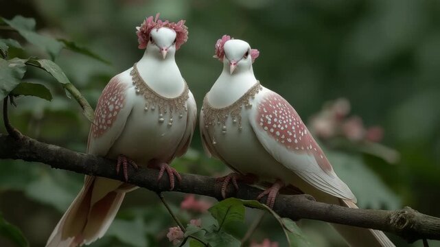 Close up of two white doves wearing necklaces and red flower headdresses perched on a tree branch in a lush green forest, creating a romantic dreamy nature scene.