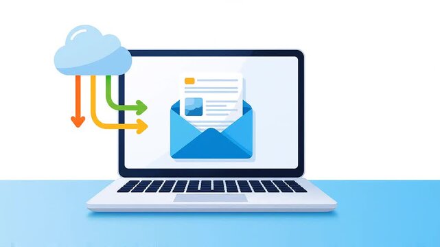 Digital marketing flat design animation preview on laptop screen displaying email