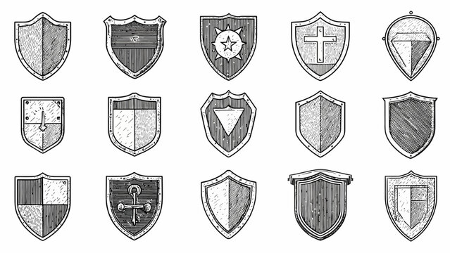 Collection of Various Shields with Different Emblems and Symbols Illustrated in Black and White