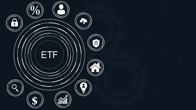 ETF Exchange Traded Fund Financial Concept with Icons and dot finance, abstract circles and gears background.4k Animation.