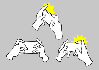 スマートフォンを横向きに持って操作する手のジェスチャーセット｜線画イラスト © 秀晃 岡庭