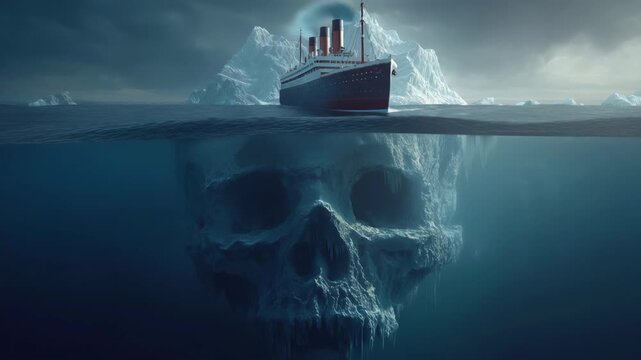 A passenger ocean liner sailing across a cold dark sea, a giant skull partially submerged at the ocean surface, massive iceberg rising behind it, eerie atmosphere, dramatic lighting