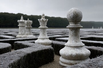 Fototapeta premium Weathered marble chess pieces placed in frosty hedge maze landscape, ideal for resilience strategy and winter concept imagery