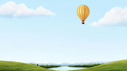 Naklejka premium Hot air balloon watercolor serene landscape sky floating peaceful nature green