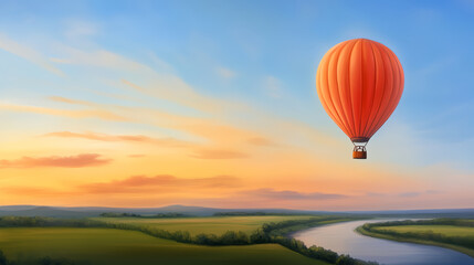 Obraz premium Vibrant watercolor hot air balloon floats above river landscape at sunrise, peaceful and serene