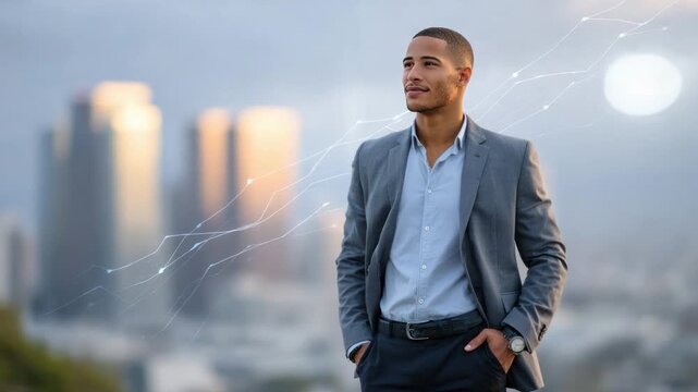 Visionary Businessman Contemplating City Skyline: A well-dressed businessman exudes confidence as he gazes towards the city skyline, envisioning the future and strategic thinking. 