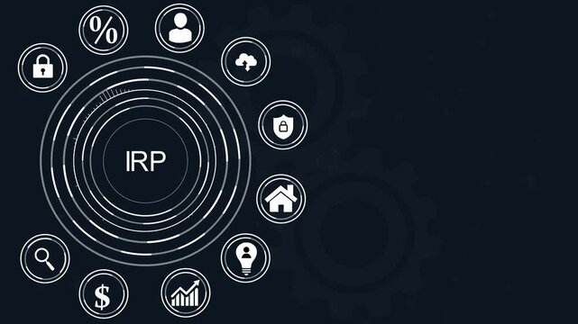 IRP acronym with business icons and dot on dark blue background finance technology, abstract circles and gears background.4k Animation.