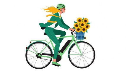 Fototapeta premium A woman riding a green bicycle with sunflowers in the basket