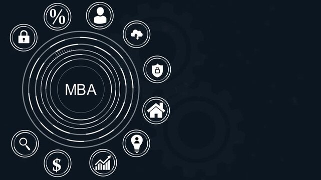 Business concept diagram with MBA text and interconnected icons on a digital dot background education, abstract circles and gears background.4k Animation.