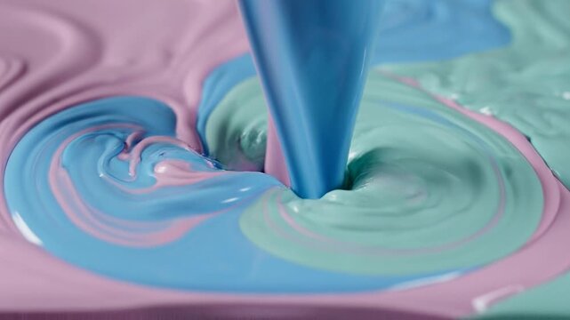 Blue liquid swirling into purple and green mixture from a pouring spout, viewed from above in a close-up shot