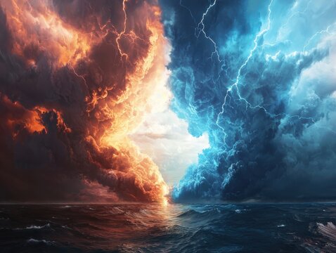 Dramatic clash of fire and lightning storms over turbulent ocean waters