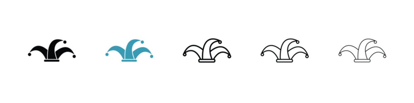 Jester hat icon in line art style on white background for graphic and web design.