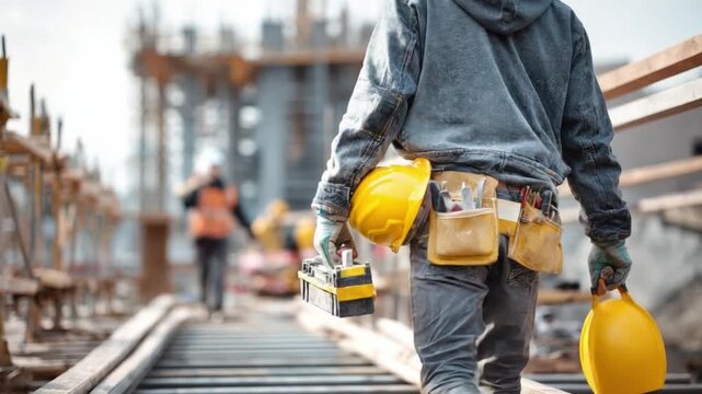 Construction Worker On-Site: A determined construction worker strides across a bustling construction site, tool kit and safety gear in hand, a testament to hard work and progress.