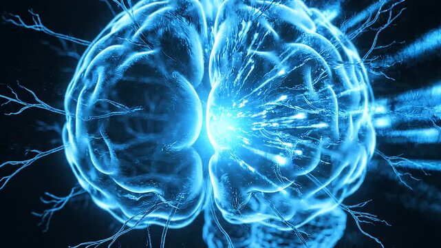 Abstract glowing neural network representing the human brain's intricate connections and electrical impulses for advanced thought processes and cognition