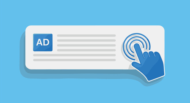 Online advertising banner with clicking hand and sponsored ad label digital marketing pay per click concept vector illustration