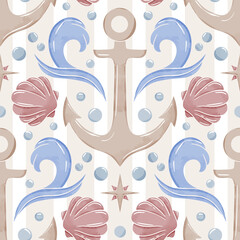 Cotton fabric Nautical Anchor and Scallop Shell Watercolor Seamless Pattern Coastal Maritime Theme Hand Painted Background for Nursery and Summer Apparel Surface Art