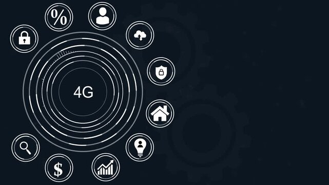 4G business strategy infographic with icons and dot on dark background Keywords: 5G, business, strategy, infographic, icons, dot, technology.4k Animation.