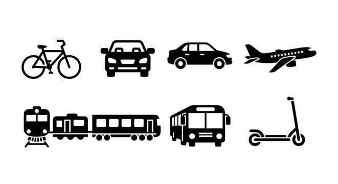 Collection of diverse transportation icons including bicycle, cars, airplane, train, bus, and scooter