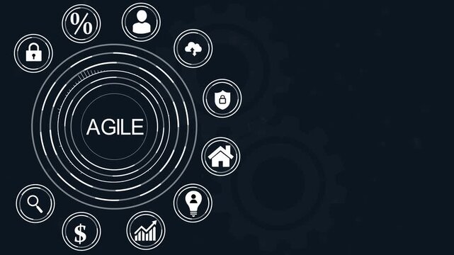 Agile methodology infographic with icons and dot concept technology, abstract circles and gears background.4k Animation.
