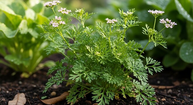 Fresh green cilantro plant with small white flowers in garden bed