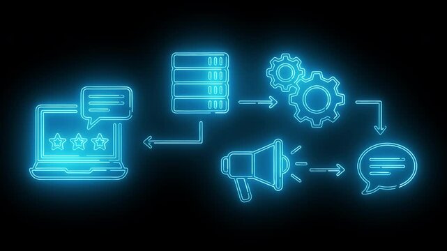Neon-lit graphic illustration of a laptop connecting to a database, megaphone, gears, and speech bubble on a black background with blue glowing lines and arrows.