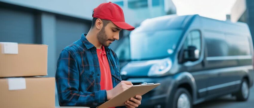 Delivery driver checking packages by cargo van, Concept of logistics management, parcel delivery service
