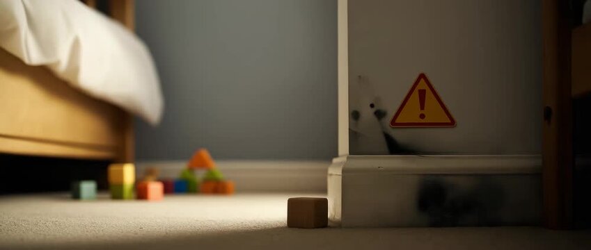 Black mold growing on a damp interior wall with a warning sign, highlighting potential health hazards in a home environment.