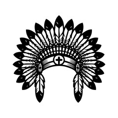Logo tocado de guerra de jefe indio americano. Icono con tocado tradicional de plumas de guerrero indio, de frente  © teracreonte