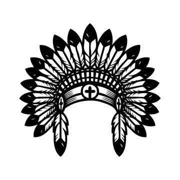 Logo tocado de guerra de jefe indio americano. Icono con tocado tradicional de plumas de guerrero indio, de frente 