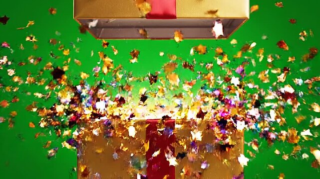 Confetti bursting out of a gift box against a vibrant green background from a top-down viewpoint