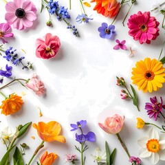 Colorful flower frame with tulips, daisies and spring blossoms arranged on a white background.
