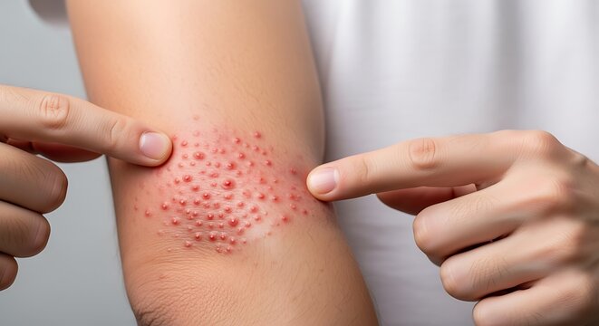 person with shingles rash on arm being pointed to by hands
