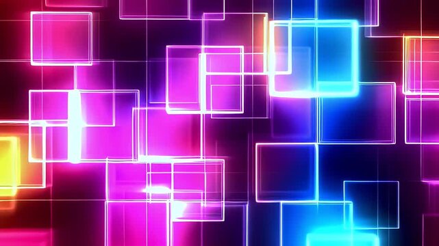 Vibrant Neon Squares in Abstract Digital Background.