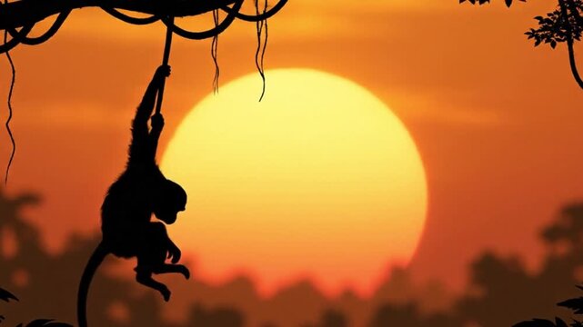 Silhouette of a monkey family hanging from vines in a vibrant jungle sunset, showcasing nature's beauty.