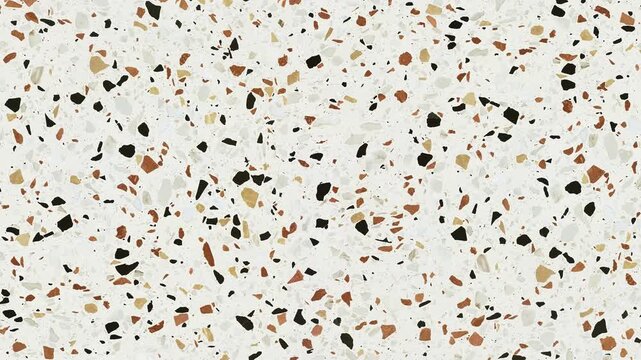 Seamless white terrazzo texture background with scattered brown, black, and beige stone chips, ideal for modern surface design and architectural patterns