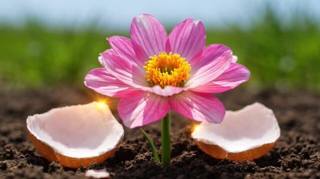 Pink flower emerging from eggshell concept of growth and new life