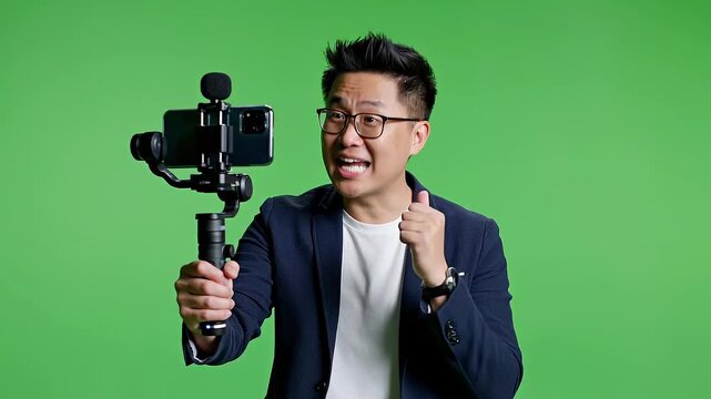 Man holding camera stabilizer and celebrating in front of green screen