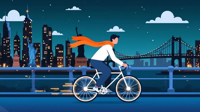 A stylish 2D animation of a man riding a bicycle past the glowing Manhattan skyline, Statue of Liberty, and Brooklyn Bridge under a starry night sky.