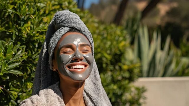 Glowing Skincare Ritual: A radiant woman indulges in a spa-like experience, her face adorned with a soothing mud mask, symbolizing self-care and rejuvenation, under a backdrop of lush greenery.