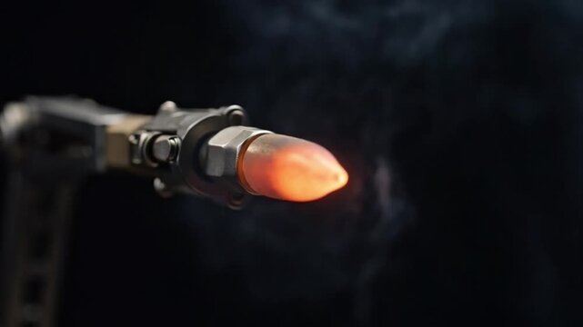 Rocket launching with bright flame and smoke against black background