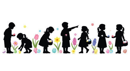 Fototapeta premium Black silhouette vector graphic design of children participating in a colorful spring Easter egg hunt activity