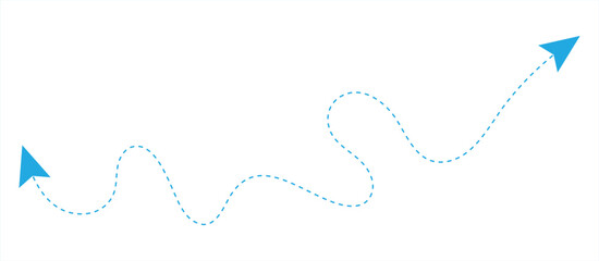 Dotted broken arrows. Doodle curves, dots, wavy lines Hand-drawn dash arrow collection. Dotted lines, dashed curves, circular swirls.  Vector illustration. 