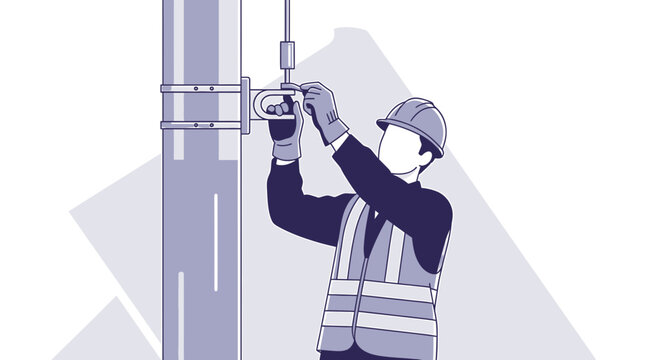 Construction worker installing equipment on a utility pole, safety vest and hard hat