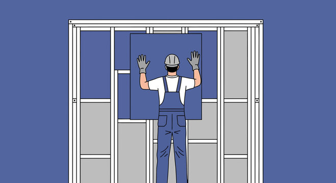 Construction worker installing drywall on metal frame interior wall